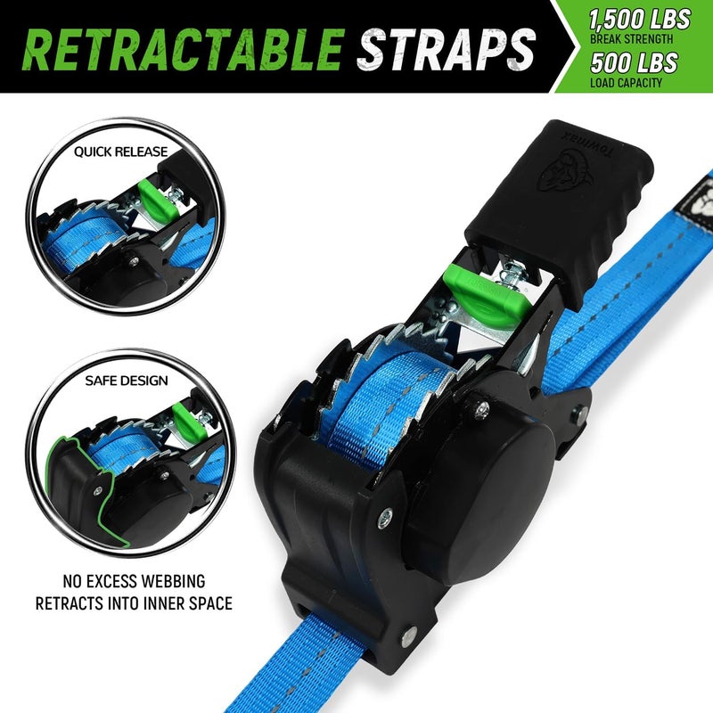 Tow-max Retractable Ratchet Straps(4 Pack) - 1in x 10ft Self Retracting Ratchet Straps with Soft Loops, 1,500 lbs Break Strength Retractable Tie Down Straps, Easy Retract for Motorcyle, Cargo, Truck, Trailer - Image 2